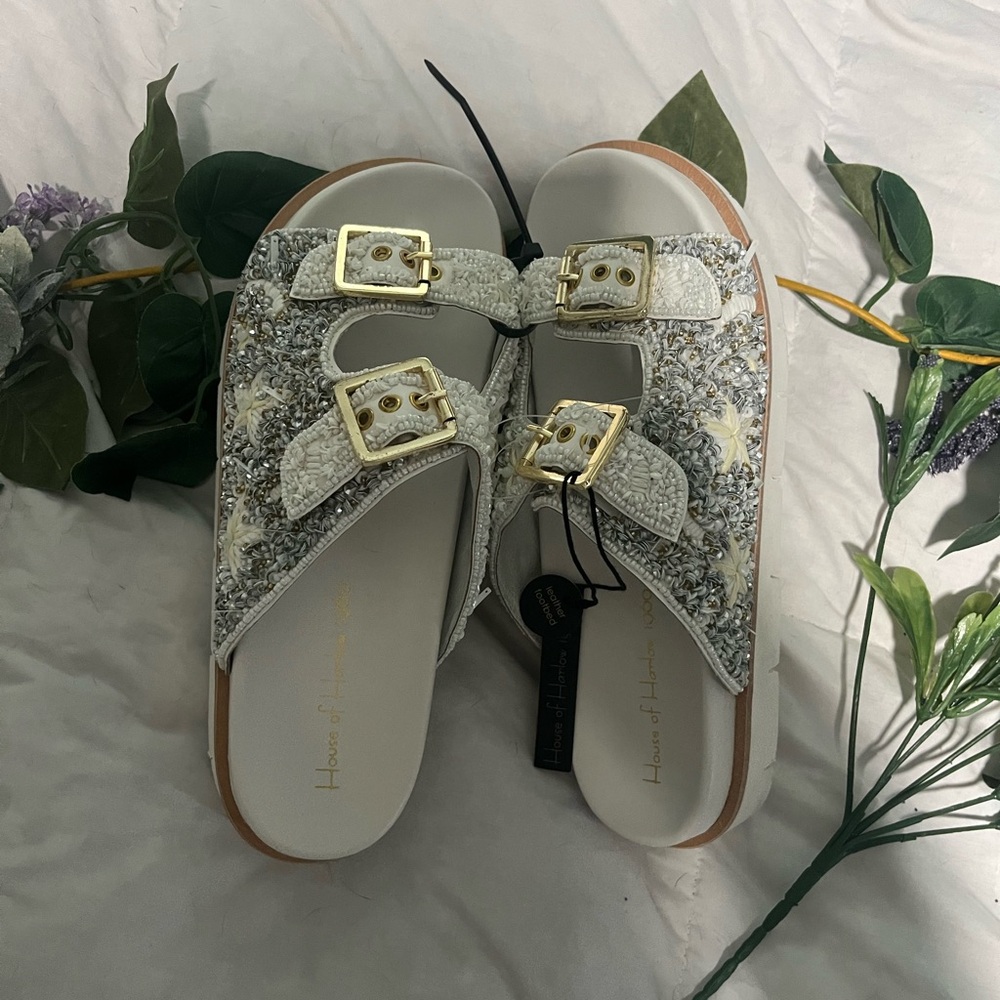 House of Harlow 1960 Embellished White and Gold Buckle Slide Sandals